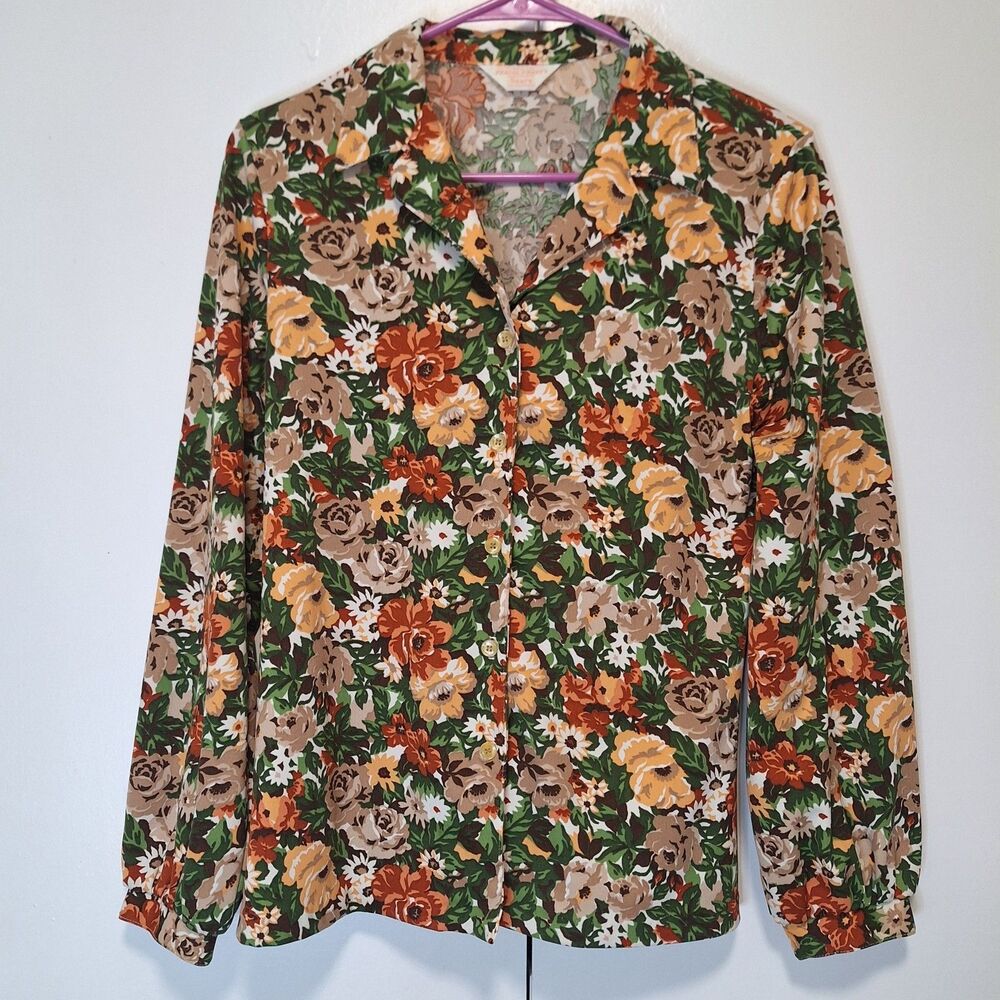 Vintage Sears Perma Prest Button Up Long Sleeve Shirt 70s Floral Medium Womens